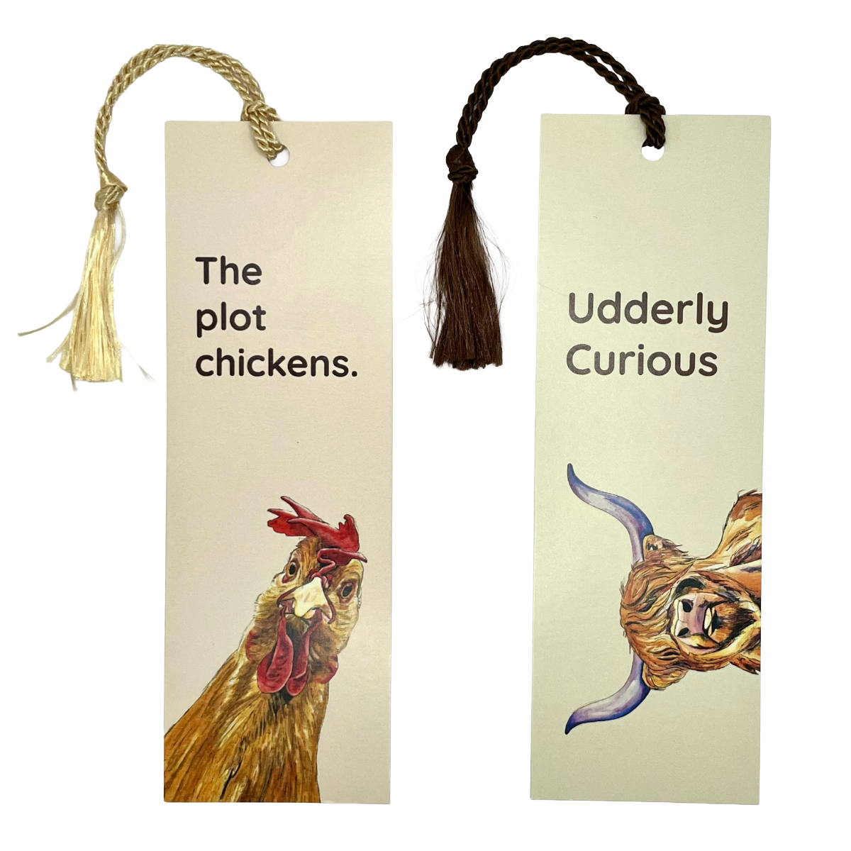 Funny Chicken or Highland Cow Two-Sided Tassel Bookmark