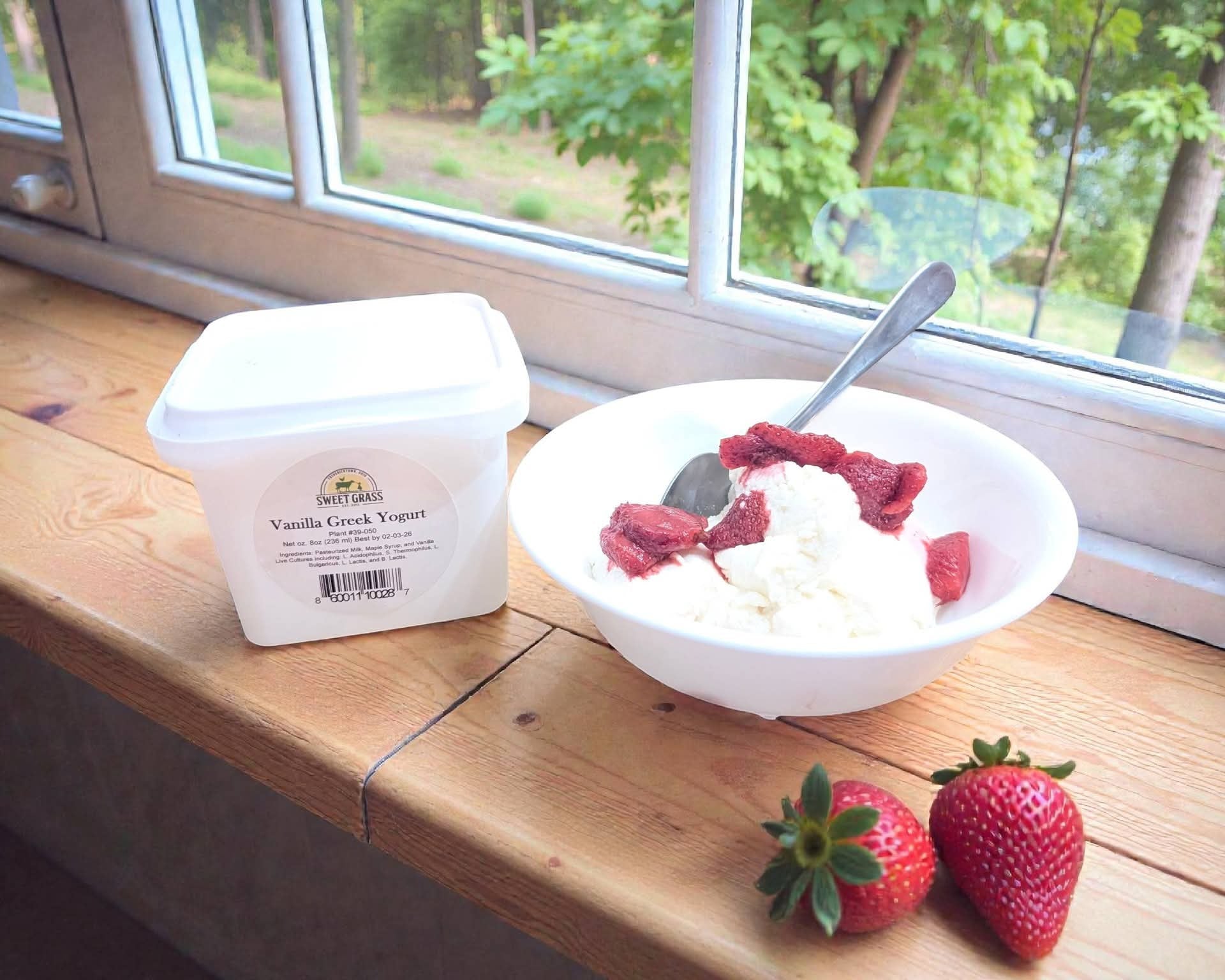 bowl of vanilla greek yogurt with strawberries