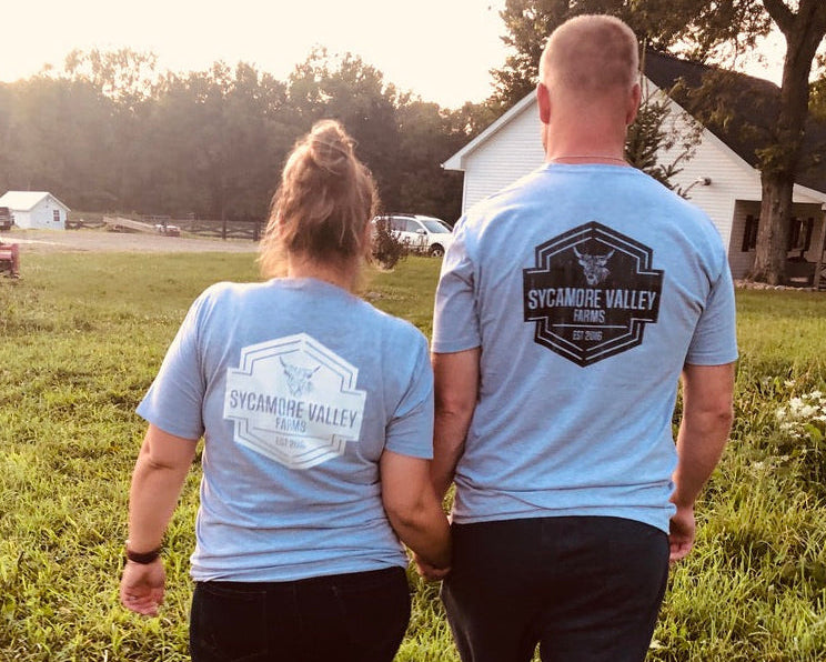 josh and lindsey wearing sycamore valley shirts